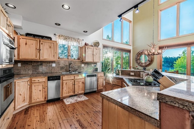 1996 Al Gulch Rd, Jefferson, CO 80456 - kitchen featuring stainless steel appliances, light wood-type flooring, light brown cabinetry, tasteful backsplash, and recessed lighting