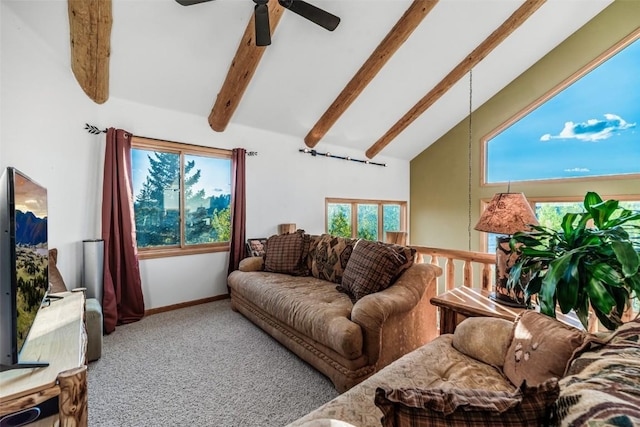1996 Al Gulch Rd, Jefferson, CO 80456 - carpeted living room with beam ceiling, ceiling fan, and high vaulted ceiling