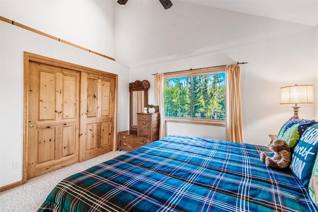 1996 Al Gulch Rd, Jefferson, CO 80456 - bedroom featuring high vaulted ceiling, carpet, and ceiling fan