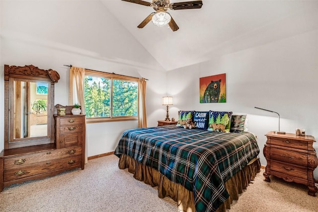 1996 Al Gulch Rd, Jefferson, CO 80456 - carpeted bedroom featuring high vaulted ceiling and ceiling fan
