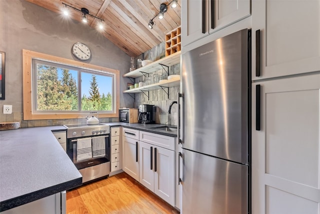 932 Peterson Dr, Alma, CO 80420 - kitchen featuring stainless steel appliances, track lighting, a sink, lofted ceiling, and light wood finished floors