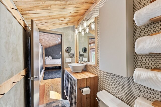 932 Peterson Dr, Alma, CO 80420 - half bathroom with toilet, vaulted ceiling, vanity, ensuite bath, and wood finished floors