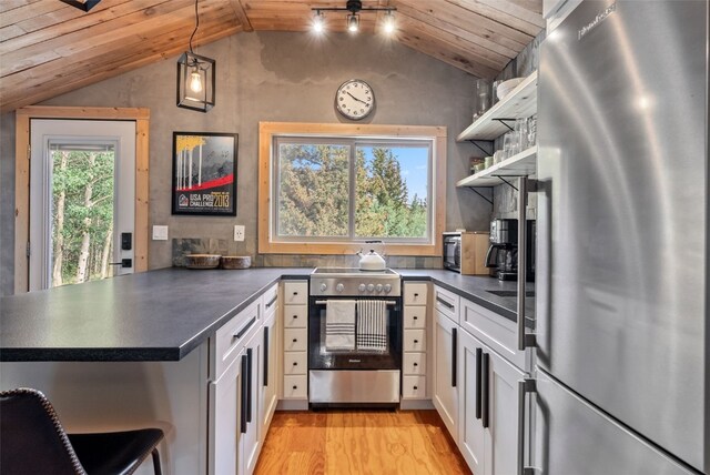 932 Peterson Dr, Alma, CO 80420 - kitchen featuring stainless steel appliances, dark countertops, lofted ceiling, a peninsula, and light wood-style floors