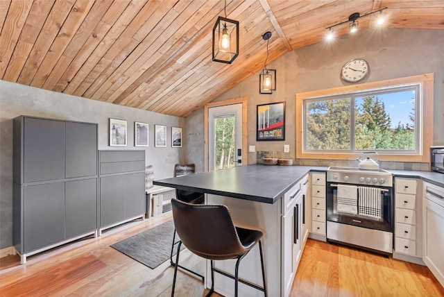 932 Peterson Dr, Alma, CO 80420 - kitchen featuring stainless steel range with electric cooktop, light wood-type flooring, lofted ceiling, wood ceiling, and dark countertops