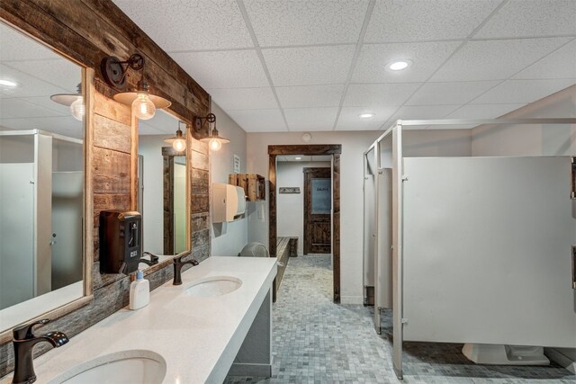 9359 State Highway 9 Unit G5, Breckenridge, CO 80424 - bathroom with a drop ceiling, double vanity, a stall shower, recessed lighting, and toilet
