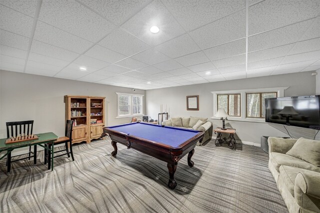 9359 State Highway 9 Unit G5, Breckenridge, CO 80424 - recreation room with light colored carpet, billiards, a paneled ceiling, baseboards, and recessed lighting