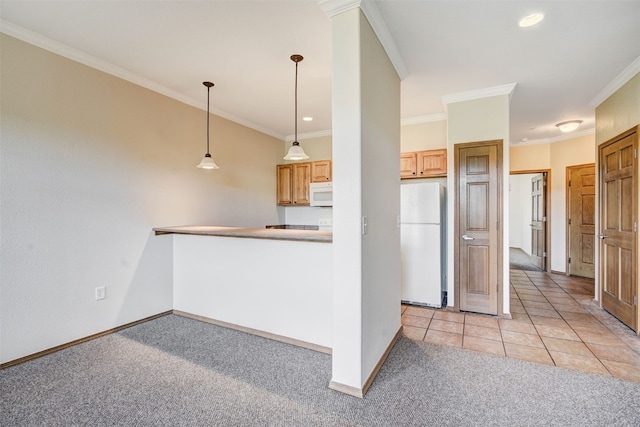 951 N Ten Mile Dr Unit C15, Frisco, CO 80443 - kitchen with white appliances, light colored carpet, pendant lighting, ornamental molding, and recessed lighting