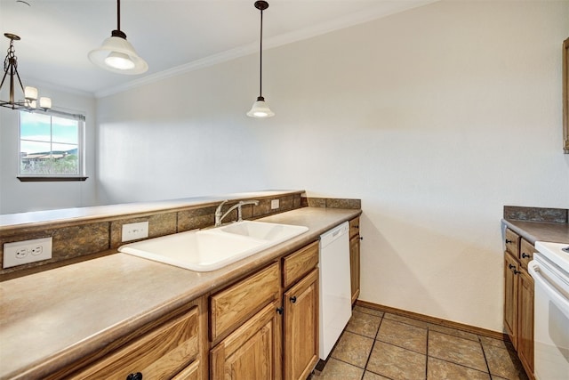 951 N Ten Mile Dr Unit C15, Frisco, CO 80443 - kitchen featuring white appliances, ornamental molding, pendant lighting, brown cabinetry, and a chandelier