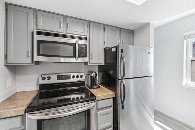855 S 5th Ave Unit 296, Frisco, CO 80443 - kitchen with stainless steel appliances, gray cabinetry, light countertops, and wood finished floors