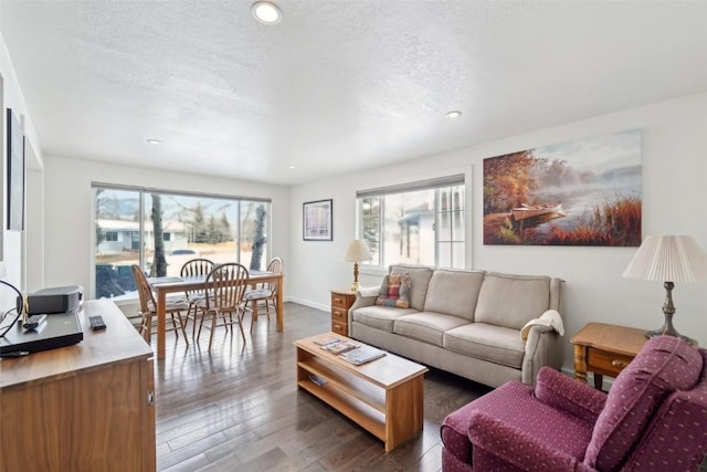 living room with baseboards, wood finished floors, a textured ceiling, and recessed lighting