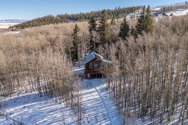 snowy aerial view featuring a view of trees