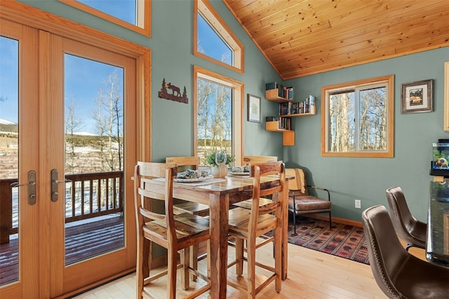 dining space with light wood-style flooring, french doors, baseboards, wooden ceiling, and lofted ceiling