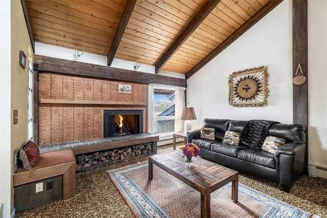 living room featuring lofted ceiling with beams, a fireplace, wooden ceiling, carpet floors, and a baseboard radiator