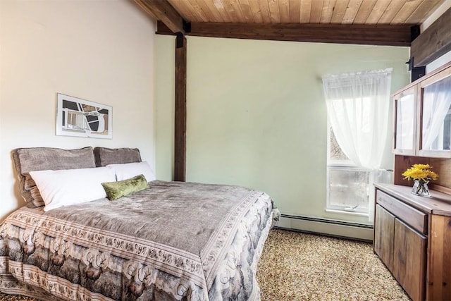 bedroom featuring baseboard heating, wooden ceiling, multiple windows, and beam ceiling