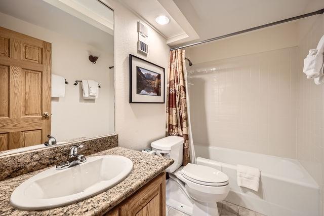 755 Columbine Rd Unit 303, Breckenridge, CO 80424 - bathroom with toilet, shower / tub combo with curtain, and vanity