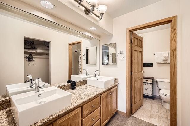 755 Columbine Rd Unit 303, Breckenridge, CO 80424 - bathroom featuring toilet, double vanity, a shower with shower curtain, and baseboards