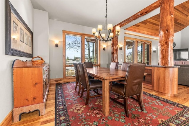 dining area featuring light wood-style floors, baseboards, a wealth of natural light, and an inviting chandelier