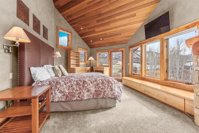 carpeted bedroom featuring high vaulted ceiling, access to outside, and wood ceiling