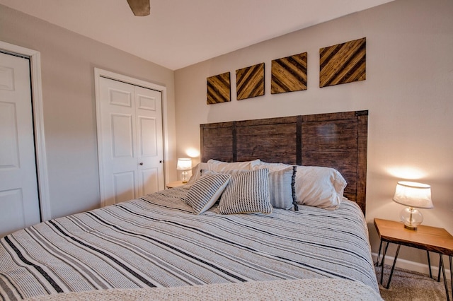 2442 Ryan Gulch Ct Unit 204, Silverthorne, CO 80498 - bedroom with carpet floors, a ceiling fan, a closet, and baseboards