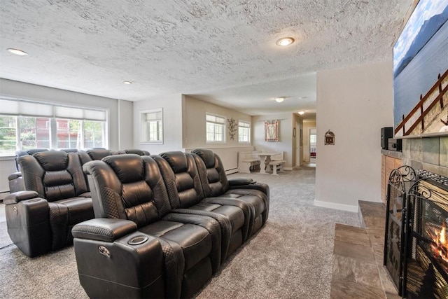 897 Deer Path Rd, Dillon, CO 80435 - carpeted living area with a textured ceiling, a fireplace, and baseboards