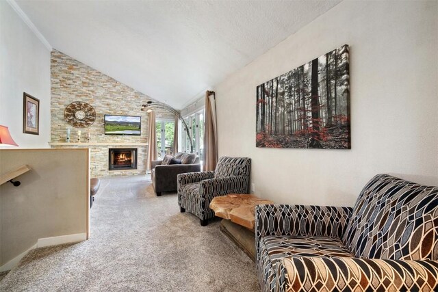 897 Deer Path Rd, Dillon, CO 80435 - carpeted living area with vaulted ceiling and a stone fireplace