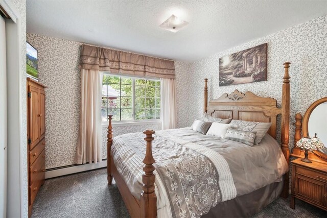 897 Deer Path Rd, Dillon, CO 80435 - bedroom featuring wallpapered walls, baseboard heating, carpet, and a textured ceiling