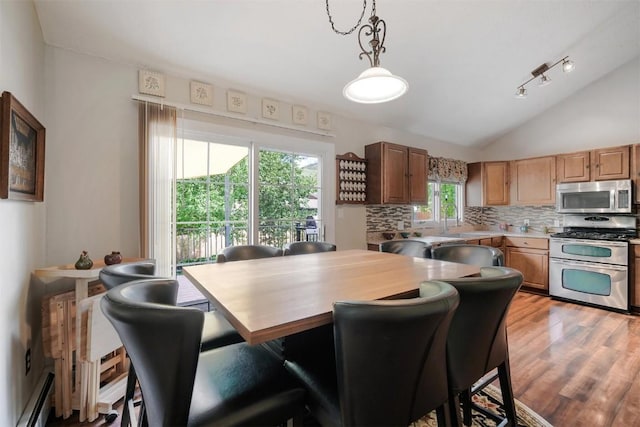 897 Deer Path Rd, Dillon, CO 80435 - dining space with a baseboard radiator, vaulted ceiling, and light wood finished floors