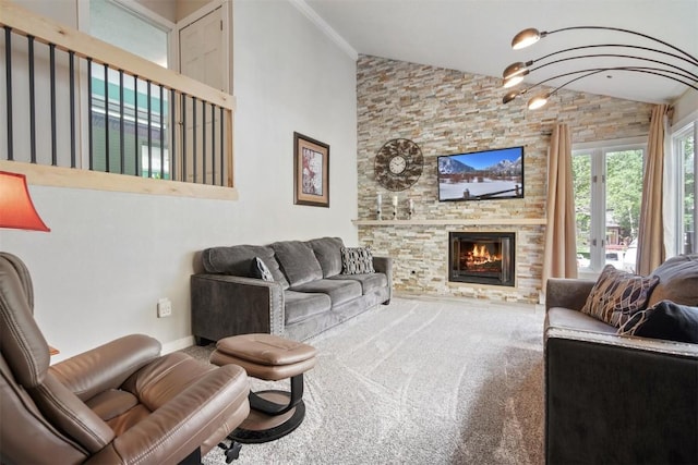 897 Deer Path Rd, Dillon, CO 80435 - carpeted living area with a fireplace, baseboards, high vaulted ceiling, and ornamental molding