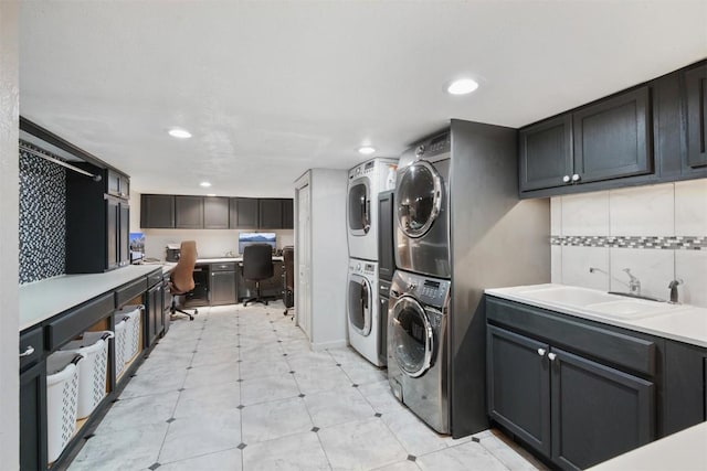 897 Deer Path Rd, Dillon, CO 80435 - washroom with stacked washer / drying machine, recessed lighting, an office area, and cabinet space