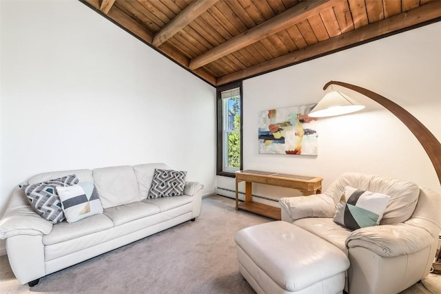 2200 Lodgepole Cir Unit 308, Silverthorne, CO 80498 - living area featuring lofted ceiling with beams, wooden ceiling, carpet, and a baseboard heating unit