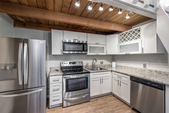 2200 Lodgepole Cir Unit 308, Silverthorne, CO 80498 - kitchen with beam ceiling, white cabinetry, wooden ceiling, a sink, and stainless steel appliances