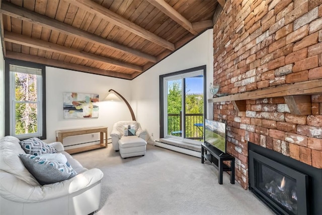 2200 Lodgepole Cir Unit 308, Silverthorne, CO 80498 - interior space featuring lofted ceiling with beams, carpet floors, baseboard heating, and wood ceiling