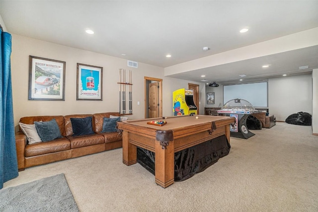 playroom with light colored carpet and pool table