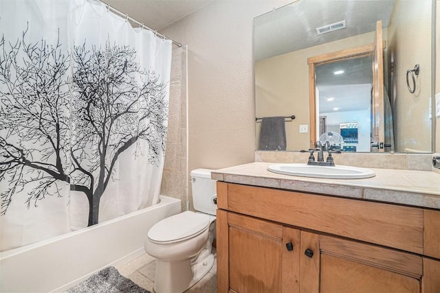 full bathroom with shower / bathtub combination with curtain, vanity, and toilet