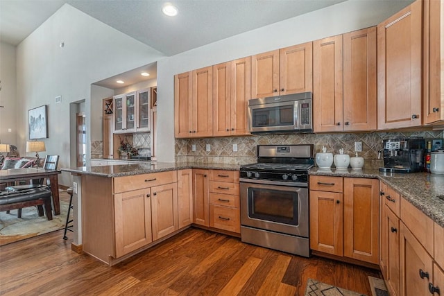 kitchen featuring dark wood-type flooring, appliances with stainless steel finishes, tasteful backsplash, kitchen peninsula, and dark stone counters