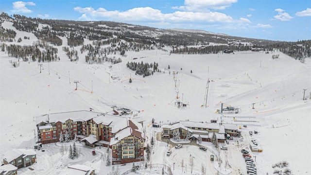 snowy aerial view featuring a mountain view