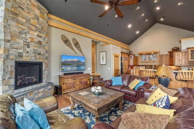 2655 Hunters Knob Rd, Silverthorne, CO 80498 - living area with a ceiling fan, high vaulted ceiling, wood finished floors, and recessed lighting