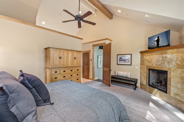 2655 Hunters Knob Rd, Silverthorne, CO 80498 - bedroom with light carpet, recessed lighting, beamed ceiling, high vaulted ceiling, and a tiled fireplace