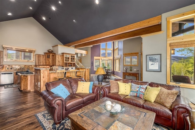 2655 Hunters Knob Rd, Silverthorne, CO 80498 - living area featuring high vaulted ceiling, dark wood-style flooring, and recessed lighting