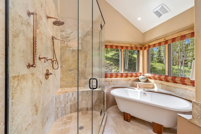 2655 Hunters Knob Rd, Silverthorne, CO 80498 - full bath with vaulted ceiling, a freestanding tub, a stall shower, and recessed lighting