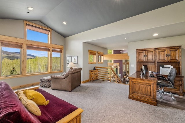 2655 Hunters Knob Rd, Silverthorne, CO 80498 - office area featuring carpet flooring, recessed lighting, high vaulted ceiling, and baseboards