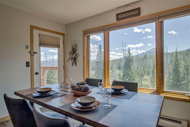dining space featuring a baseboard heating unit and a mountain view