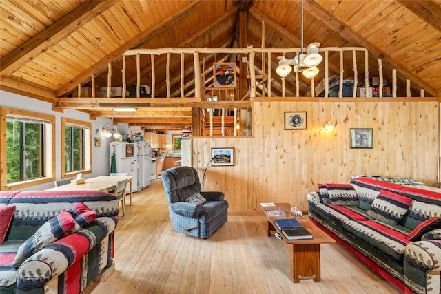 389 Routt Forest Loop, Craig, CO 81625 - living area with a chandelier, high vaulted ceiling, wooden walls, hardwood / wood-style flooring, and a wooden ceiling with exposed beams