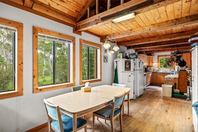 389 Routt Forest Loop, Craig, CO 81625 - dining space with a wood ceiling with exposed beams, healthy amount of natural light, and light wood-style floors
