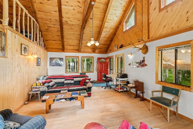 389 Routt Forest Loop, Craig, CO 81625 - living area featuring a wooden ceiling with exposed beams, hardwood / wood-style flooring, high vaulted ceiling, and wood walls