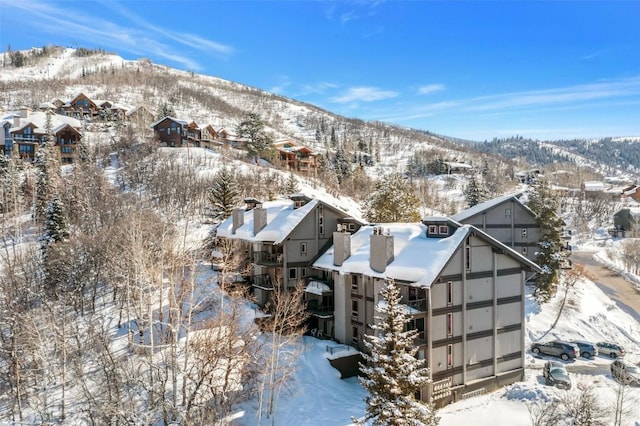 snowy aerial view with a mountain view