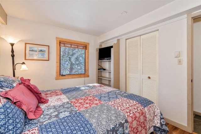 bedroom with wood finished floors, a closet, and baseboards