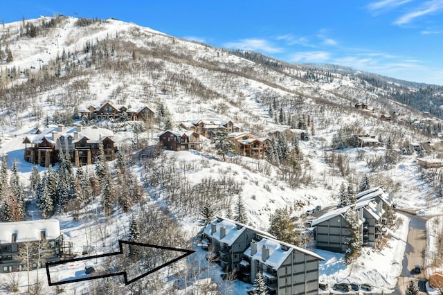 snowy aerial view with a mountain view
