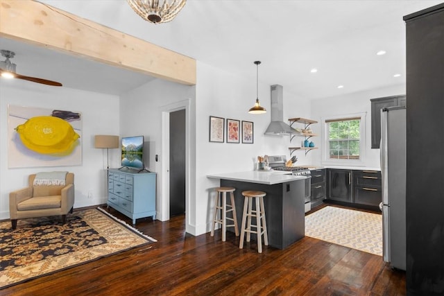 225 N Poplar St, Hayden, CO 81639 - kitchen with appliances with stainless steel finishes, island exhaust hood, dark wood-style flooring, a peninsula, and recessed lighting