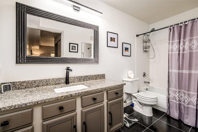 bathroom featuring shower / bath combination with curtain, toilet, vanity, and tile patterned floors